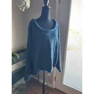 Anthropologie 3X chunky knit Slouchy Cozy Sweater Boat Neck Fuzzy Dark Teal